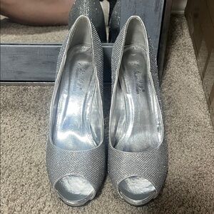 De Blossom Collection Glittering Silver Peep-Toe Heels